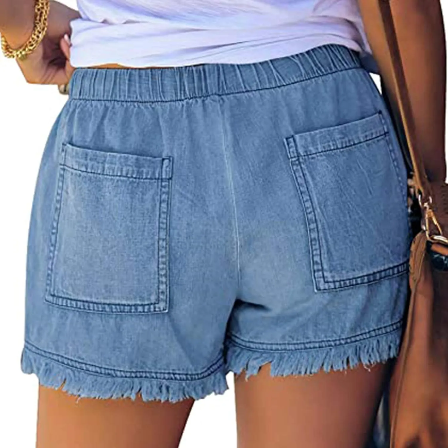 Gupgi Women 's Washed Denim Shorts Casual Drawstring Elastic Waist High Waisted Frayed Hem Raw Hem Loose Short Jeans