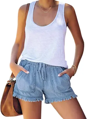 Gupgi Women 's Washed Denim Shorts Casual Drawstring Elastic Waist High Waisted Frayed Hem Raw Hem Loose Short Jeans