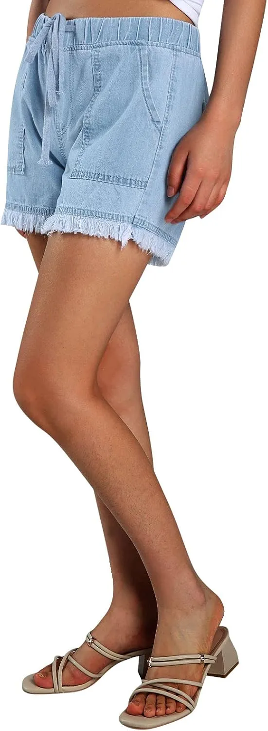 Gupgi Women 's Washed Denim Shorts Casual Drawstring Elastic Waist High Waisted Frayed Hem Raw Hem Loose Short Jeans