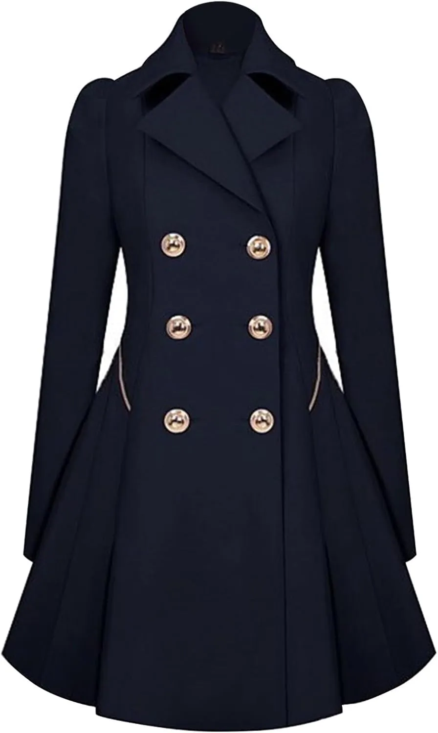 Hasta Women's Swing Coats Lapel Pleated Hem Slim Fit Skirt Pea Coat Plus Size Double-Breasted Trench Coats Overcoat Jacket