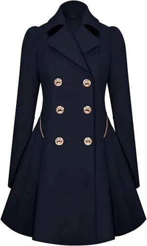 Hasta Women's Swing Coats Lapel Pleated Hem Slim Fit Skirt Pea Coat Plus Size Double-Breasted Trench Coats Overcoat Jacket