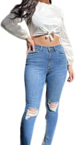 High Waist Distressed Skinny Jeans Medium Blue Denim