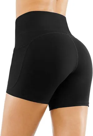 High Waist Workout Shorts, Athletic Yoga Biker Shorts with Side Pockets, Black