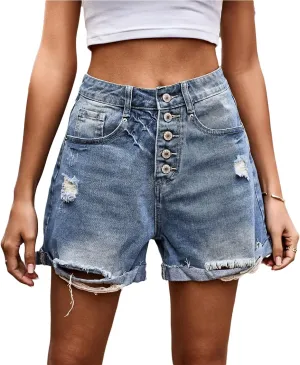 High Waisted Jean Shorts for Womens Frayed Raw Hem Straight Leg Casual Ripped Distressed Denim Shorts