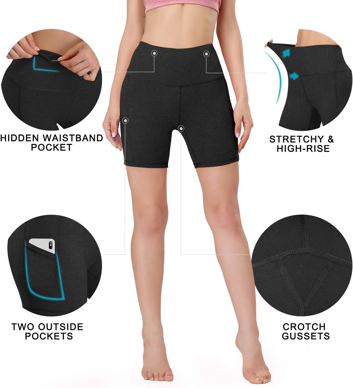 HISKYWIN 5"/8" Inseam High Waist Women Yoga Shorts Compression Exercise Workout Running Shorts Pockets
