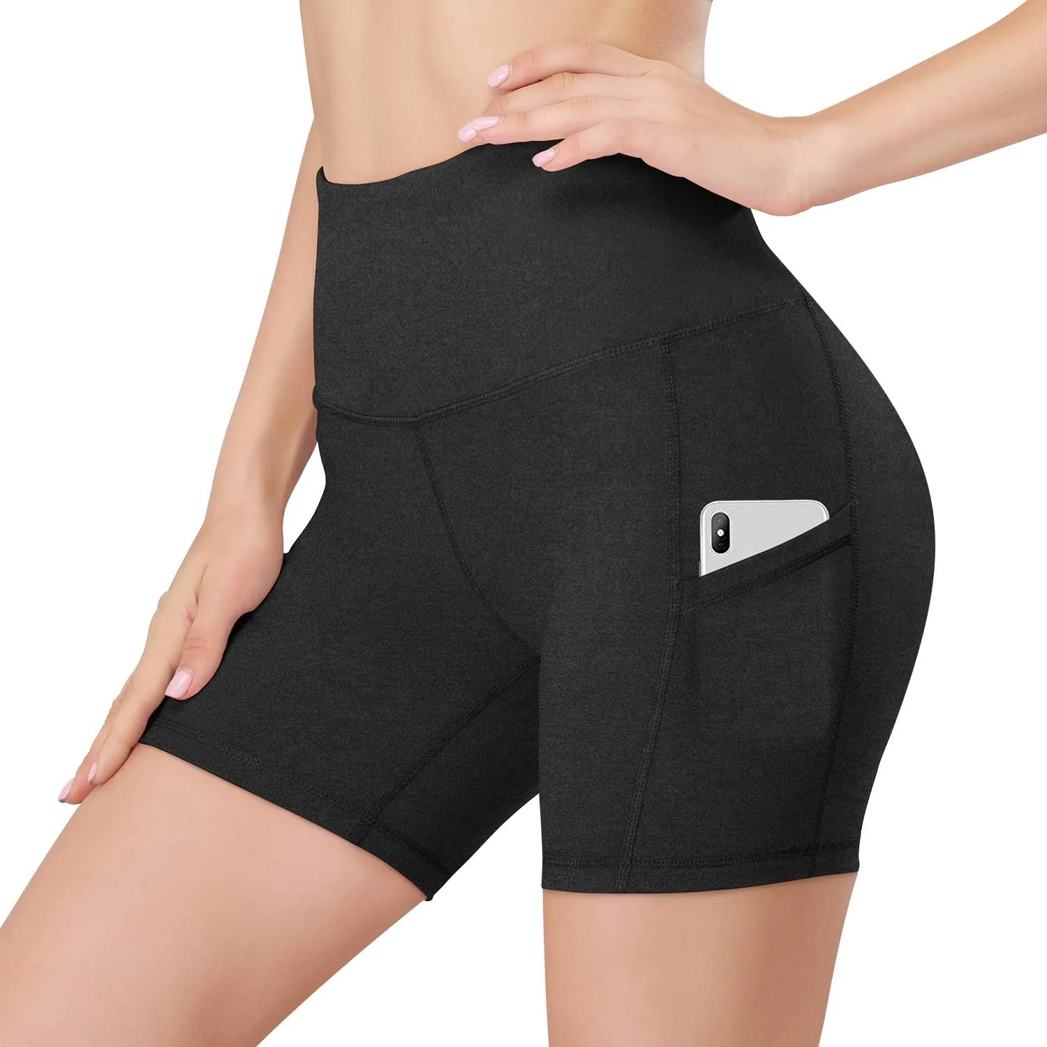 HISKYWIN 5"/8" Inseam High Waist Women Yoga Shorts Compression Exercise Workout Running Shorts Pockets