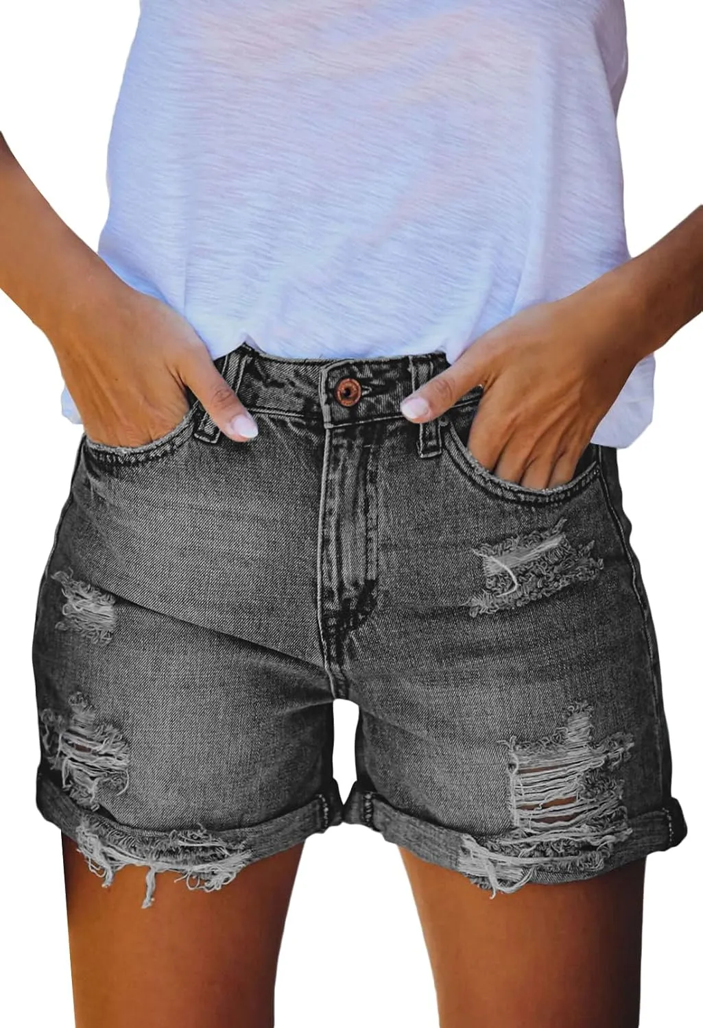 HUUSA Women's Ripped Denim Shorts High Waist Distressed Jean Shorts Casual Rolled Hem Frayed Short Jeans with Pockets