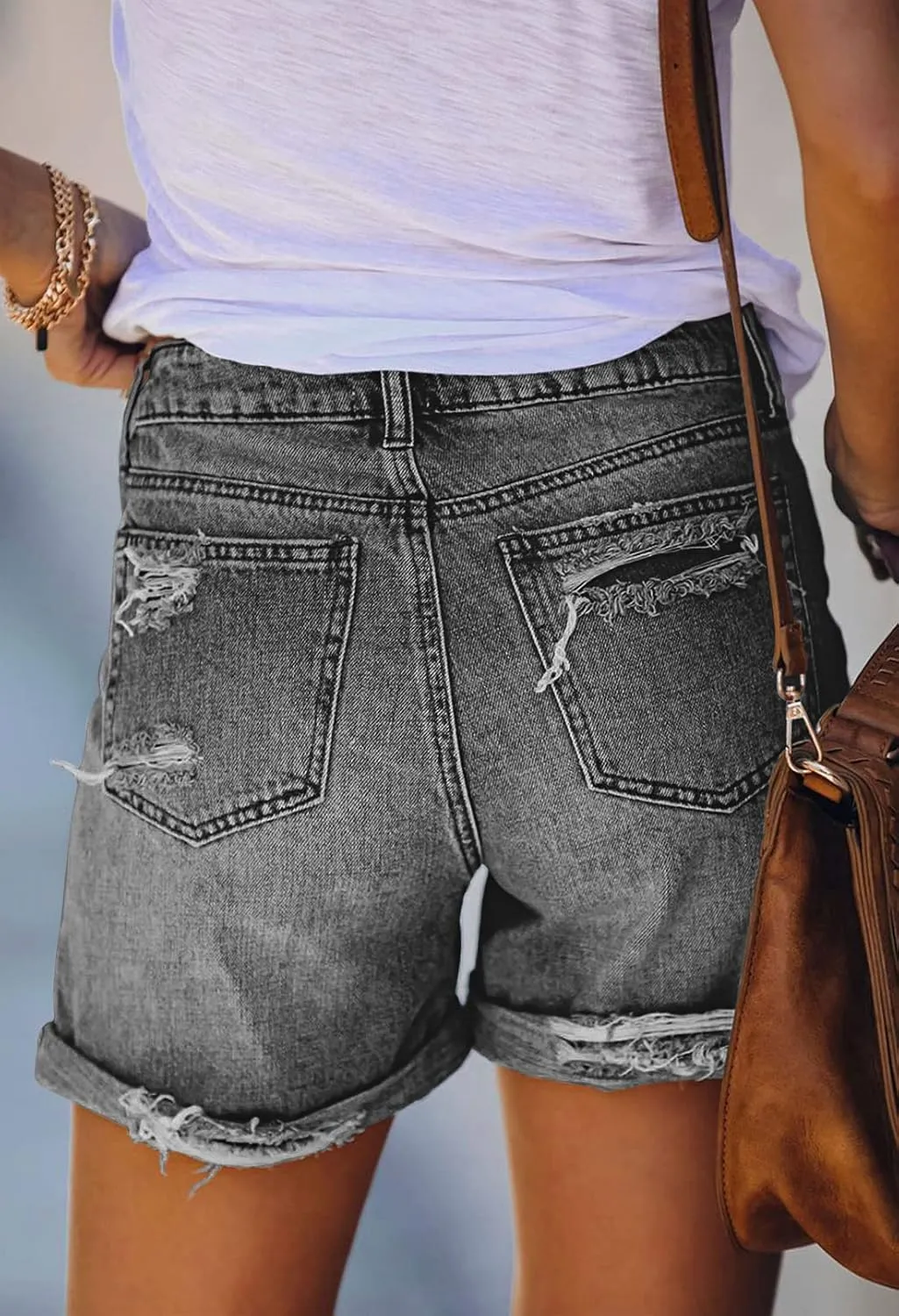 HUUSA Women's Ripped Denim Shorts High Waist Distressed Jean Shorts Casual Rolled Hem Frayed Short Jeans with Pockets