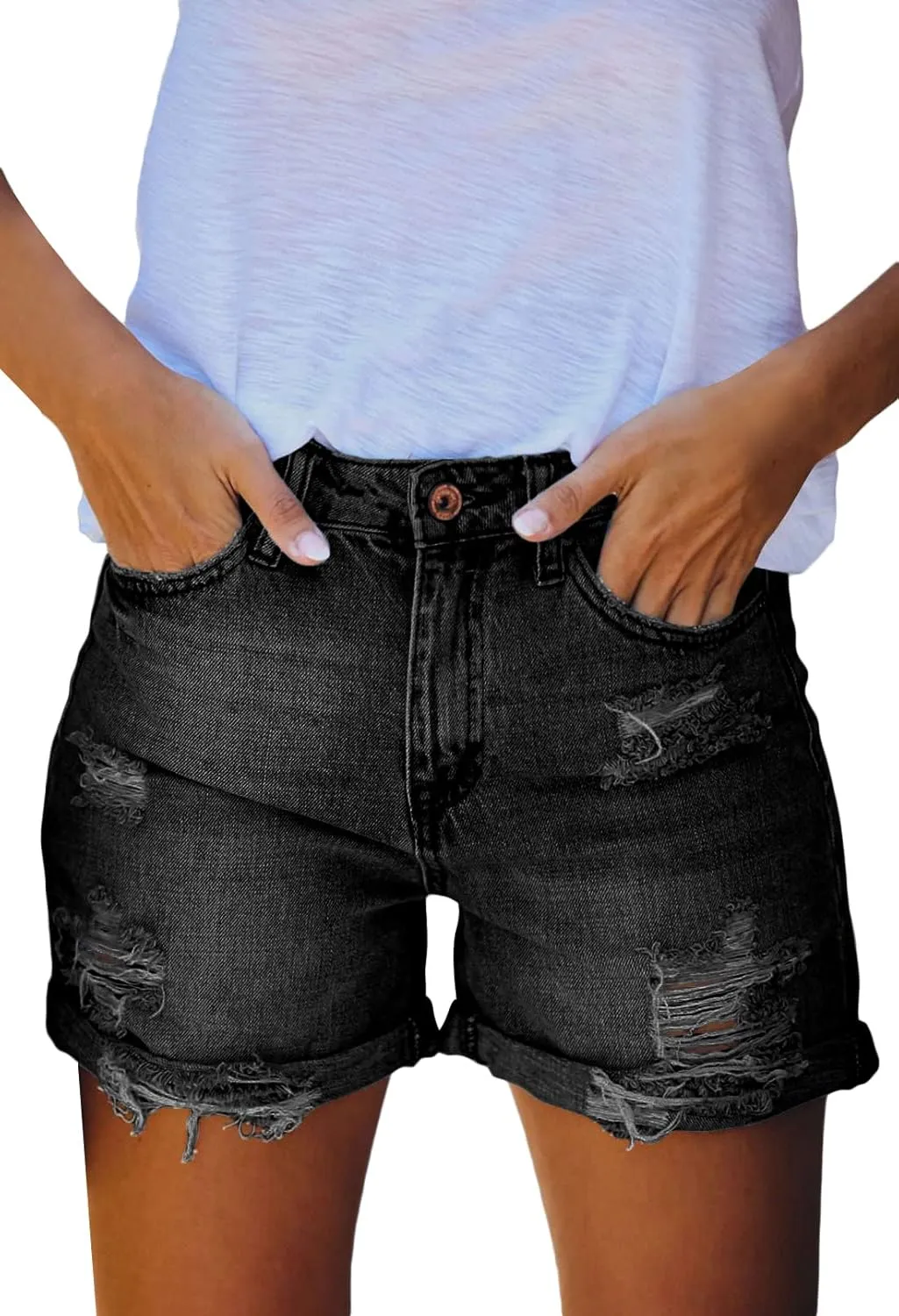 HUUSA Women's Ripped Denim Shorts High Waist Distressed Jean Shorts Casual Rolled Hem Frayed Short Jeans with Pockets