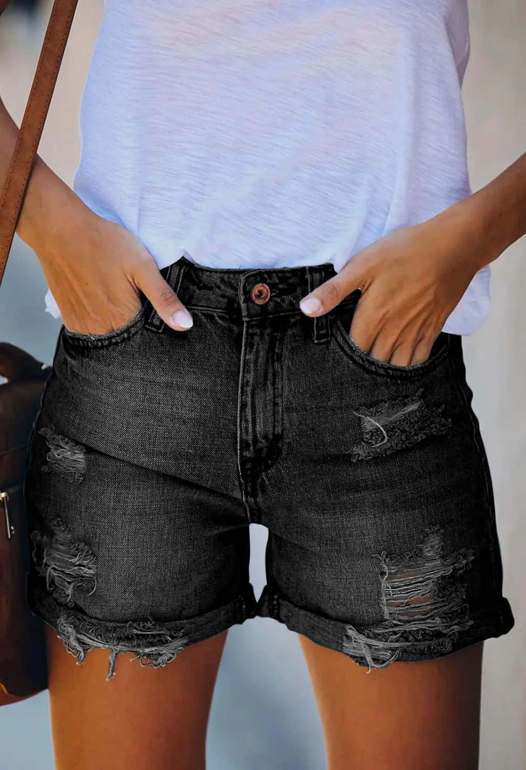 HUUSA Women's Ripped Denim Shorts High Waist Distressed Jean Shorts Casual Rolled Hem Frayed Short Jeans with Pockets