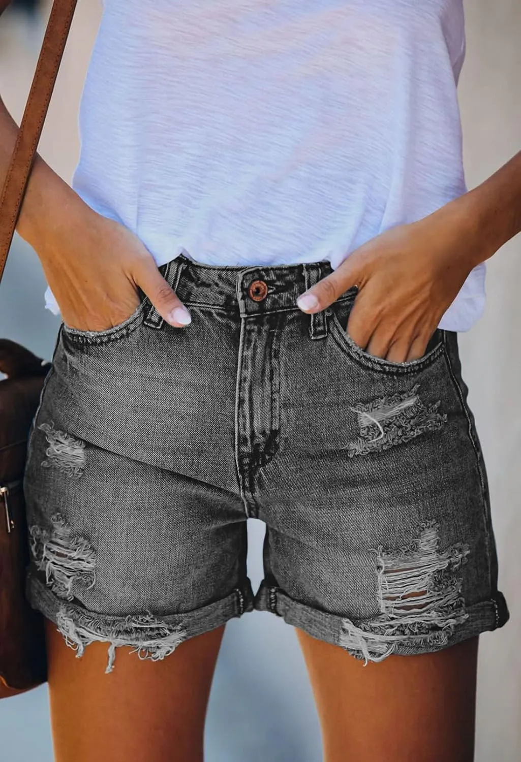 HUUSA Women's Ripped Denim Shorts High Waist Distressed Jean Shorts Casual Rolled Hem Frayed Short Jeans with Pockets