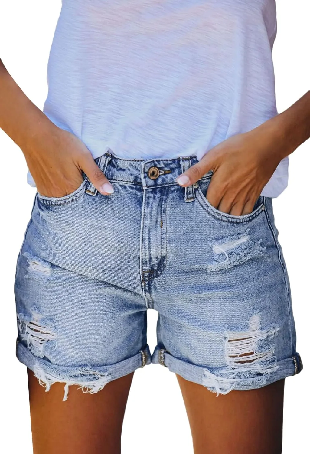 HUUSA Women's Ripped Denim Shorts High Waist Distressed Jean Shorts Casual Rolled Hem Frayed Short Jeans with Pockets