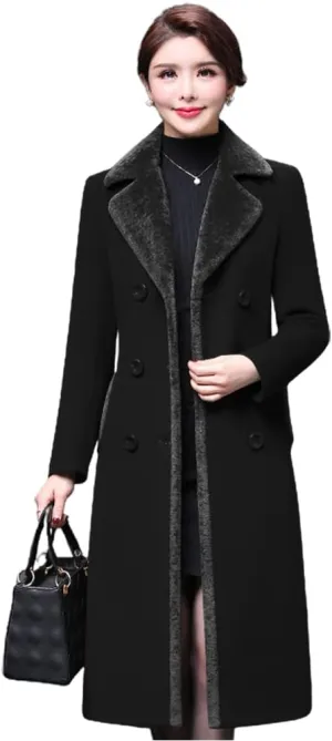 IDEALSANXUN Fur Collar Wool Coats for Women Double Breasted Long Peacoat Jackets