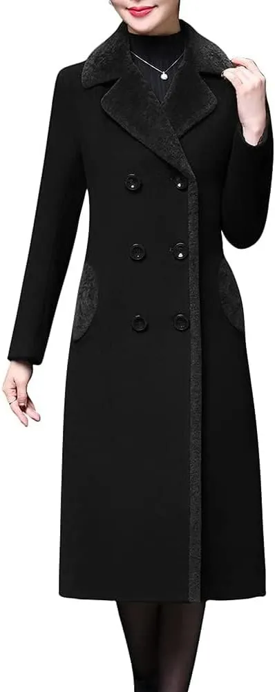 IDEALSANXUN Fur Collar Wool Coats for Women Double Breasted Long Peacoat Jackets