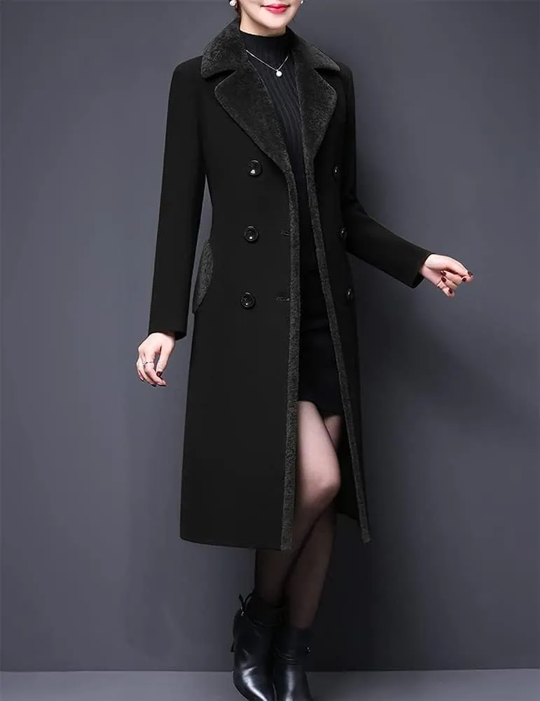 IDEALSANXUN Fur Collar Wool Coats for Women Double Breasted Long Peacoat Jackets