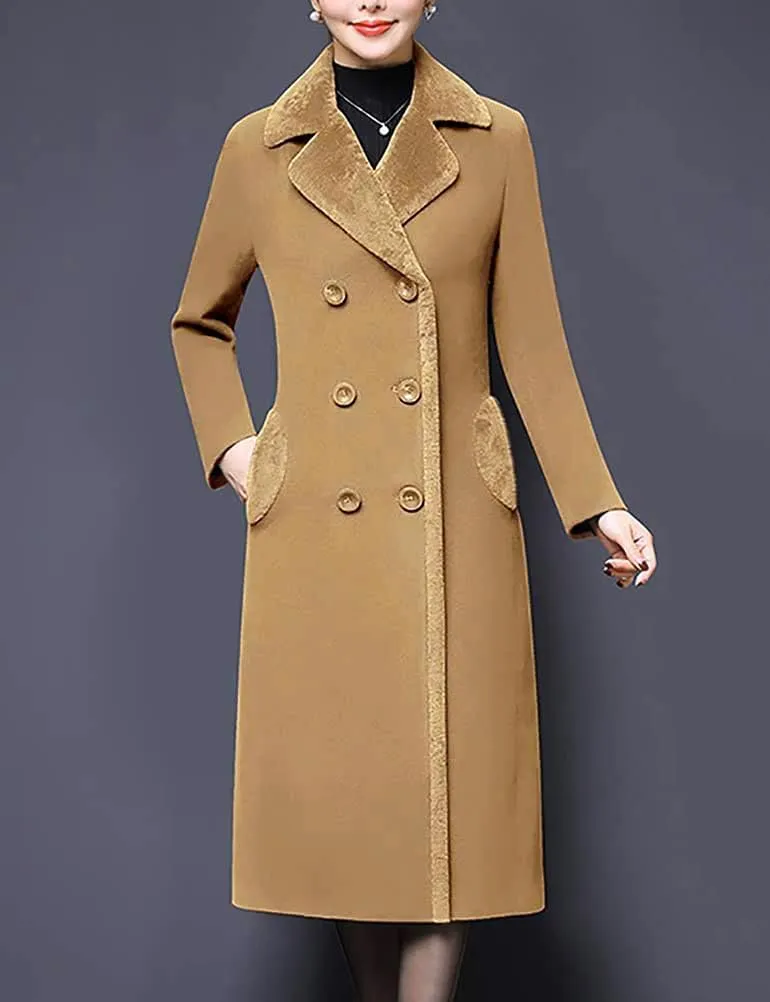 IDEALSANXUN Fur Collar Wool Coats for Women Double Breasted Long Peacoat Jackets