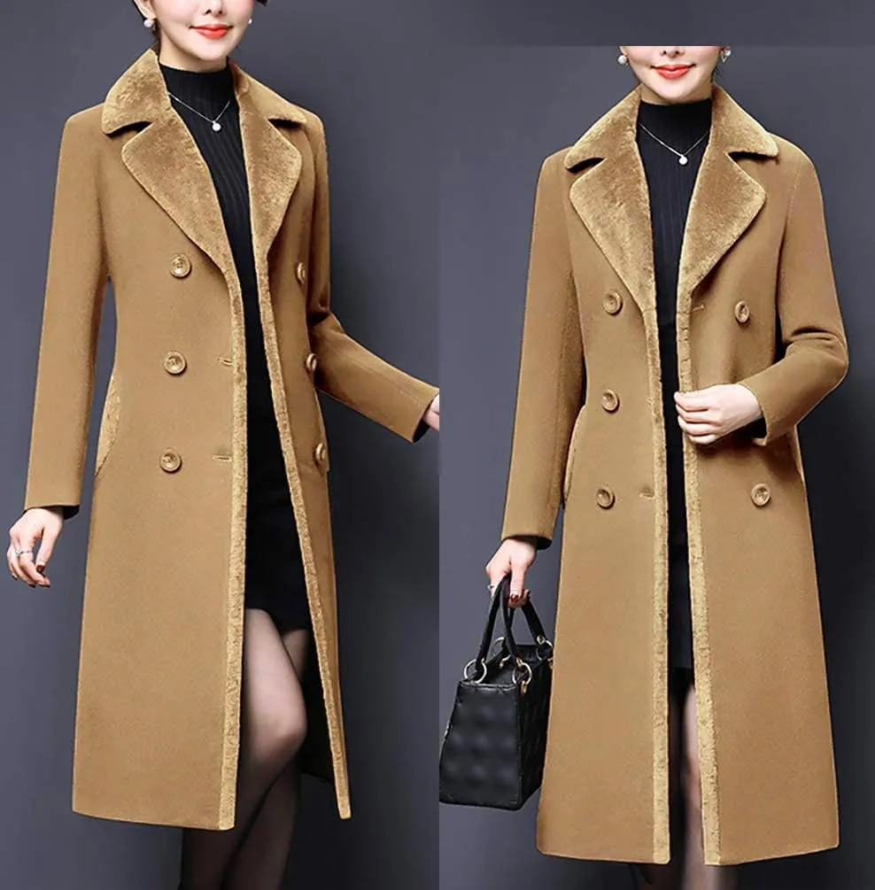 IDEALSANXUN Fur Collar Wool Coats for Women Double Breasted Long Peacoat Jackets