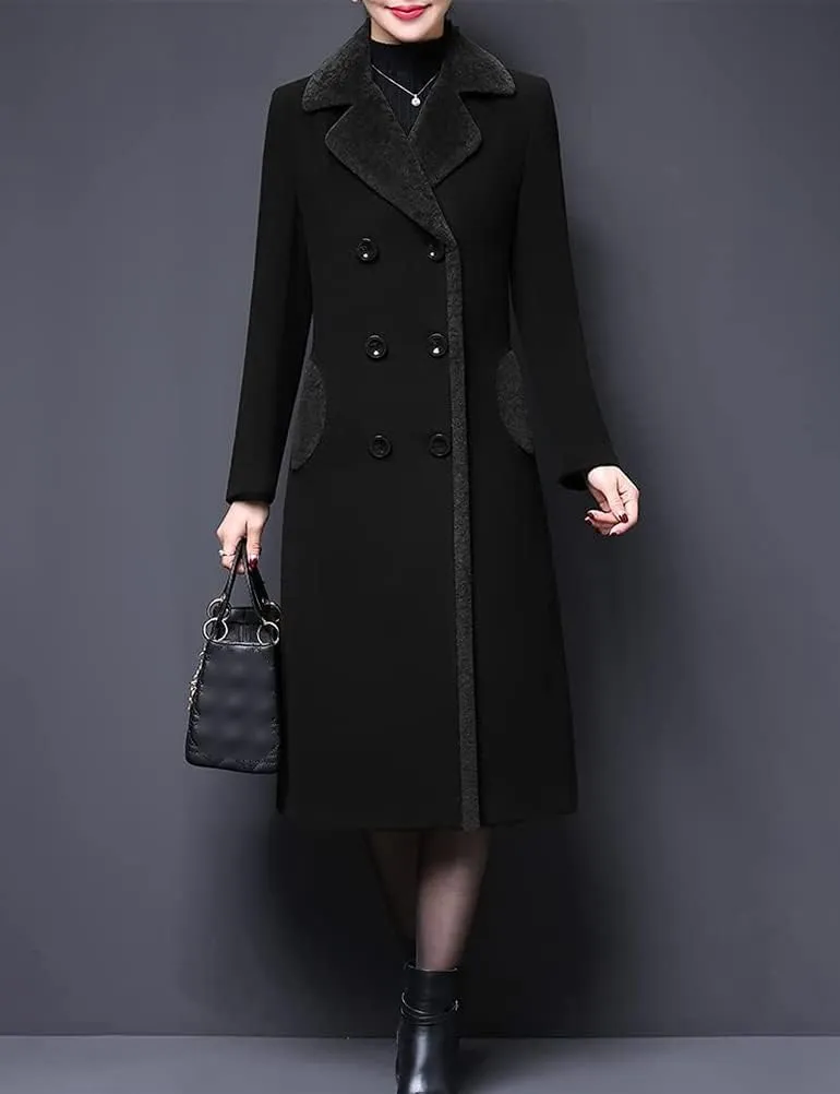 IDEALSANXUN Fur Collar Wool Coats for Women Double Breasted Long Peacoat Jackets