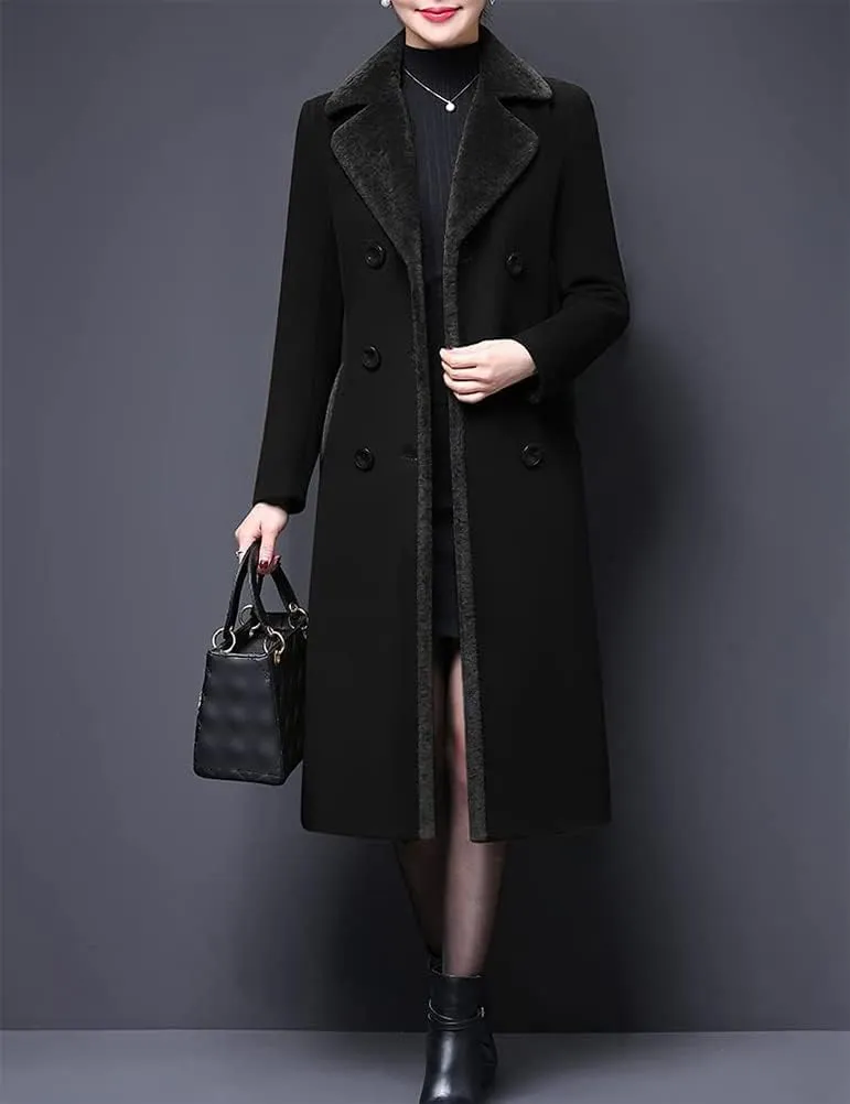 IDEALSANXUN Fur Collar Wool Coats for Women Double Breasted Long Peacoat Jackets
