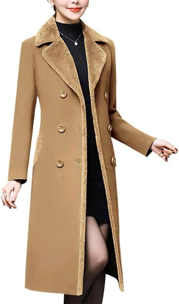 IDEALSANXUN Fur Collar Wool Coats for Women Double Breasted Long Peacoat Jackets