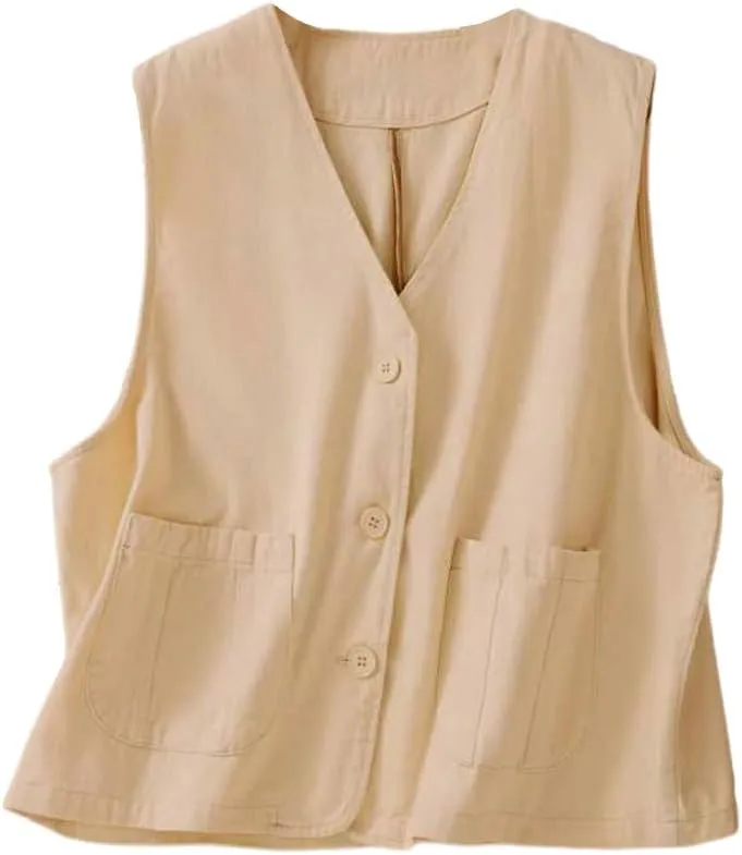 IDEALSANXUN Womens Linen Vest Tops Spring Summer Casual Button Down Sleeveless Blazer Jackets