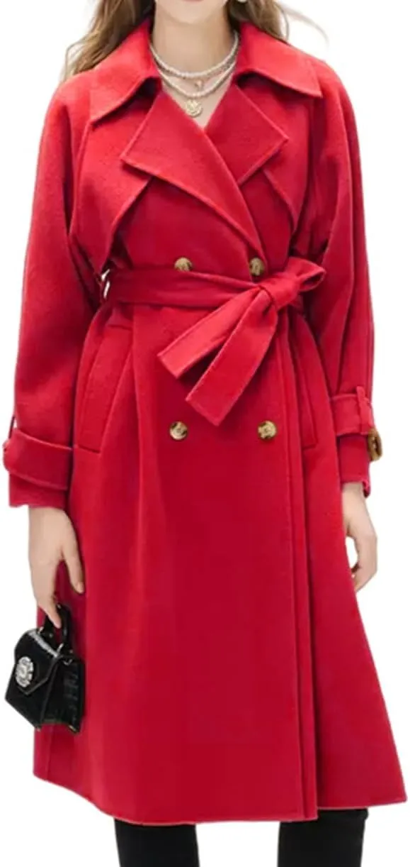 IVERIRMIN Women's Wool Blend Pea Coats Belted Double-Breasted Notch Lapel Trench Coat Overcoat Long Jacket Office Outerwear