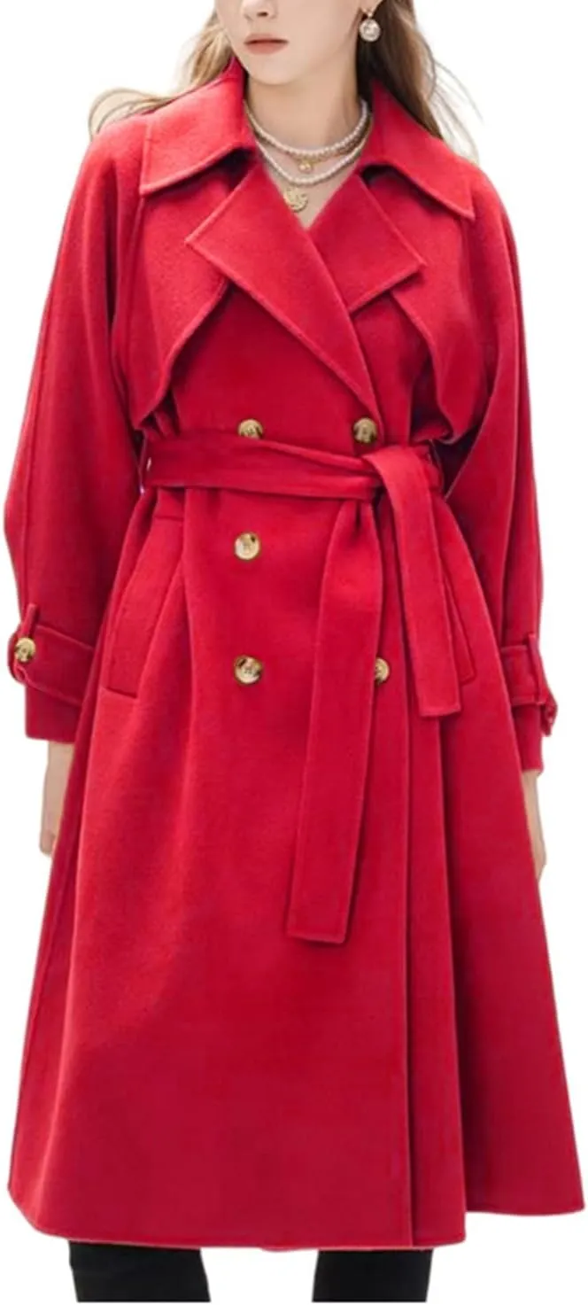 IVERIRMIN Women's Wool Blend Pea Coats Belted Double-Breasted Notch Lapel Trench Coat Overcoat Long Jacket Office Outerwear