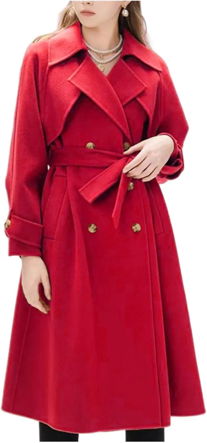 IVERIRMIN Women's Wool Blend Pea Coats Belted Double-Breasted Notch Lapel Trench Coat Overcoat Long Jacket Office Outerwear