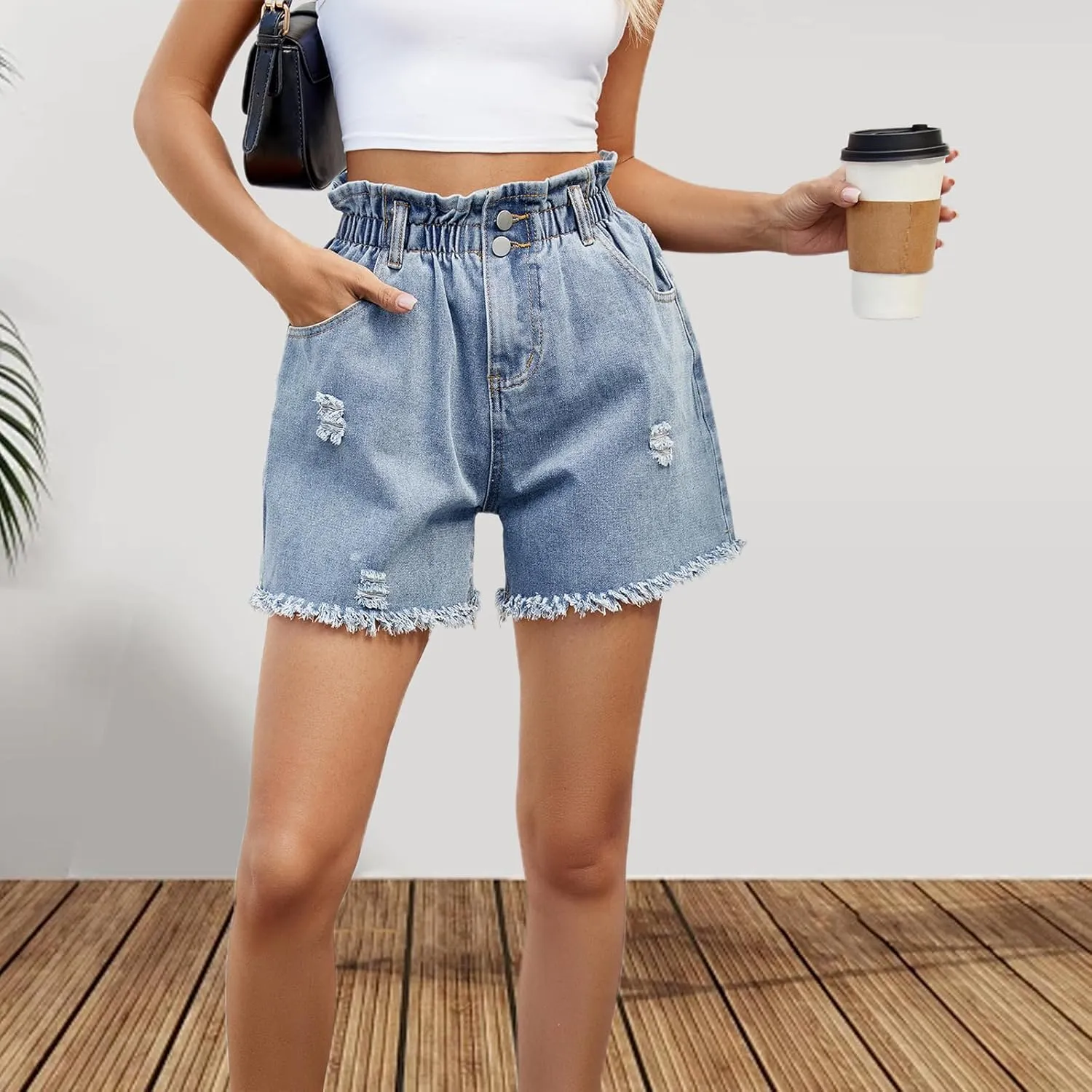 Jean for Women High Waisted Stretchy Casual Ripped Frayed Hem Summer Trendy Shorts