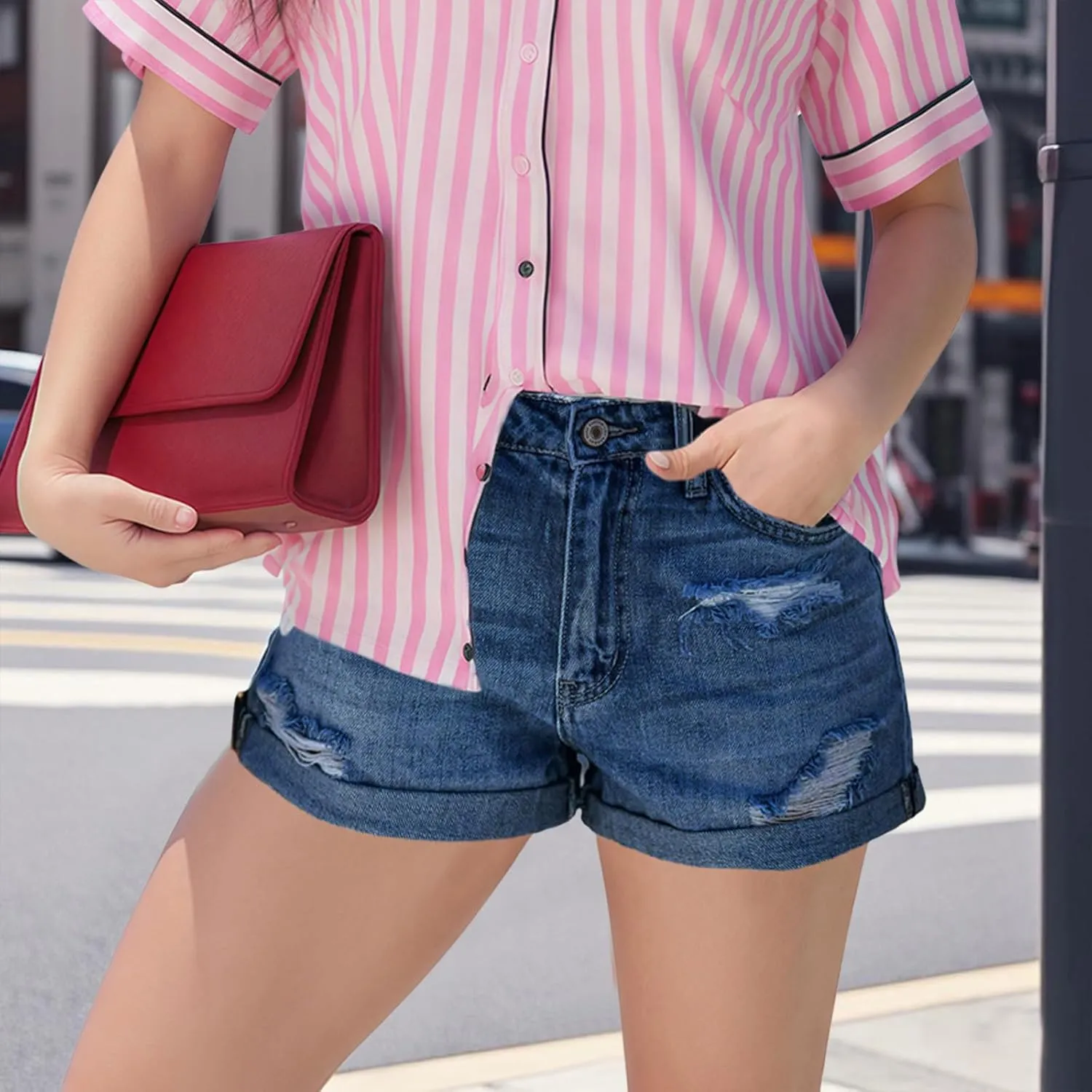 Jean for Women High Waisted Stretchy Casual Ripped Frayed Hem Summer Trendy Shorts