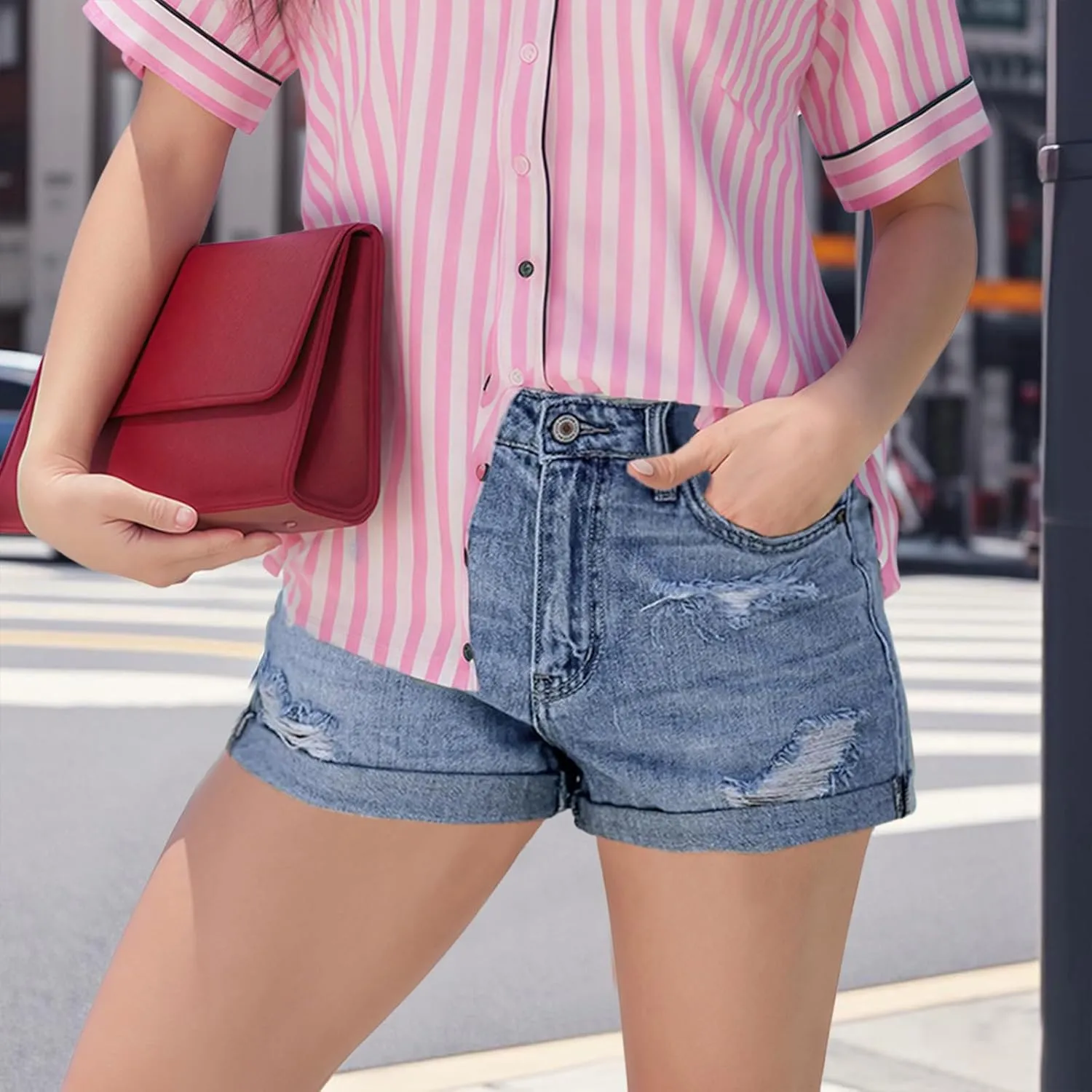 Jean for Women High Waisted Stretchy Casual Ripped Frayed Hem Summer Trendy Shorts