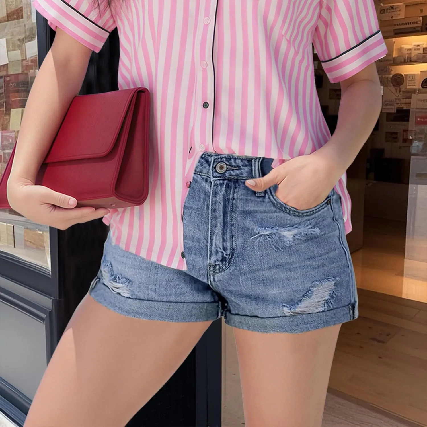 Jean for Women High Waisted Stretchy Casual Ripped Frayed Hem Summer Trendy Shorts
