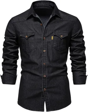 Jean Jacket for Men Solid Retro Old Denim Jacket Long Sleeve Button Denim Jackets Fashion Trucker Pockets Coat