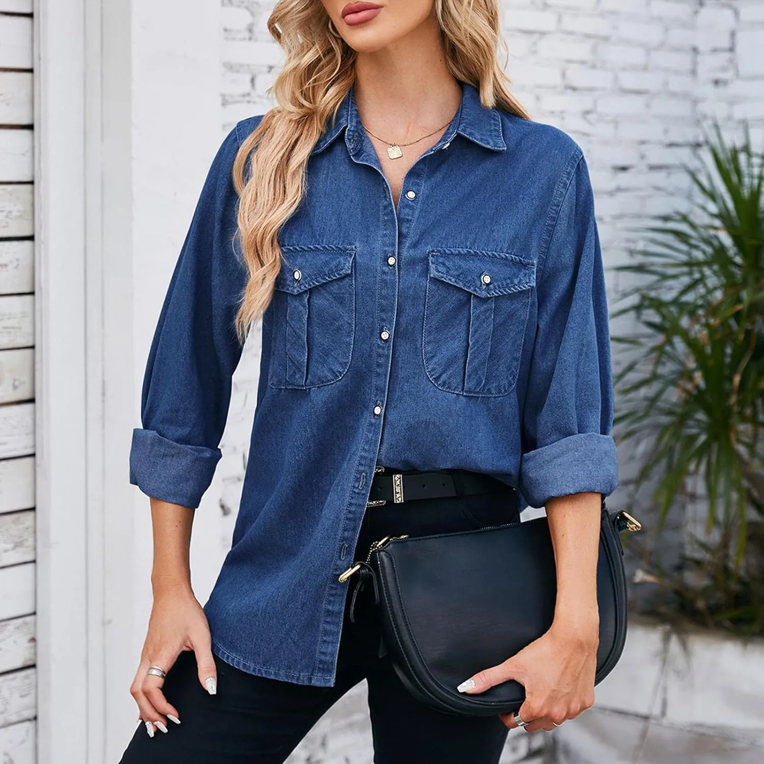Jean Jackets for Women Long Sleeve Button Down Denim Trucker Jackets Fall Trendy Oversized Denim Coat with Pockets