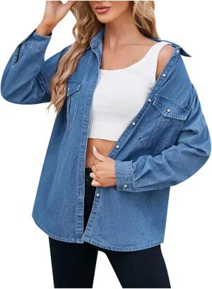Jean Jackets for Women Long Sleeve Button Down Denim Trucker Jackets Fall Trendy Oversized Denim Coat with Pockets