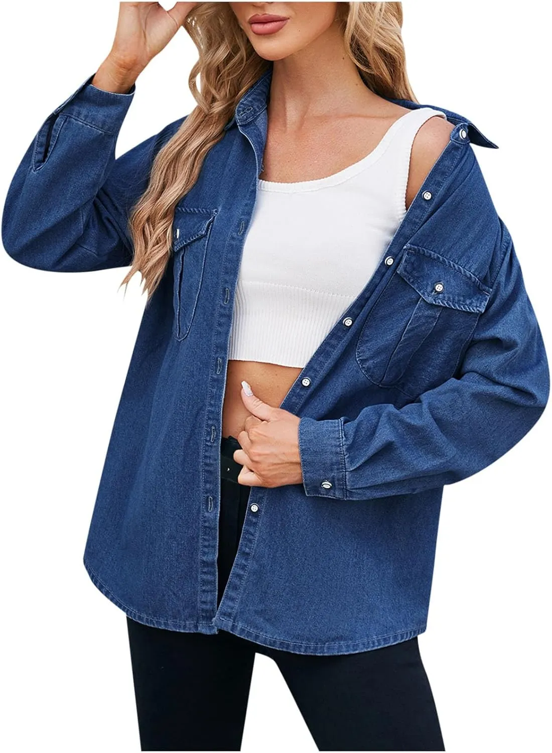 Jean Jackets for Women Long Sleeve Button Down Denim Trucker Jackets Fall Trendy Oversized Denim Coat with Pockets