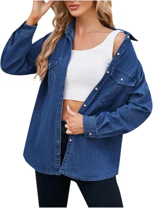 Jean Jackets for Women Long Sleeve Button Down Denim Trucker Jackets Fall Trendy Oversized Denim Coat with Pockets