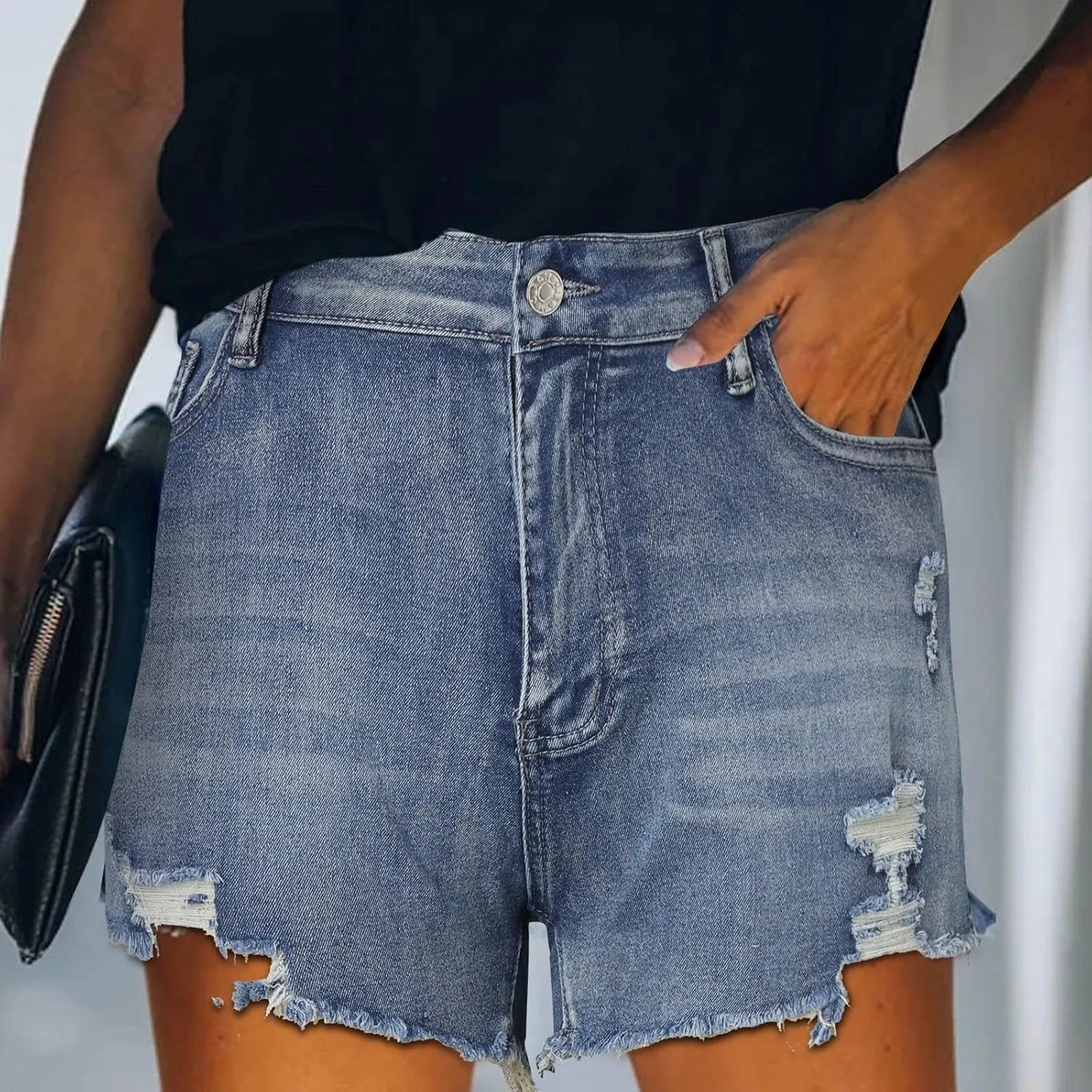 Jean Shorts for Women Summer Comfy High Waisted Stretchy Ripped Denim Shorts Casual Loose Soft Frayed Hem