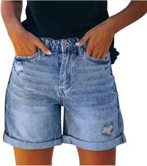 Jean Shorts Womens High Waisted Bermuda Shorts Petite Length Frayed Hem Denim Hot Pants Vacation Beach Shorts 2025