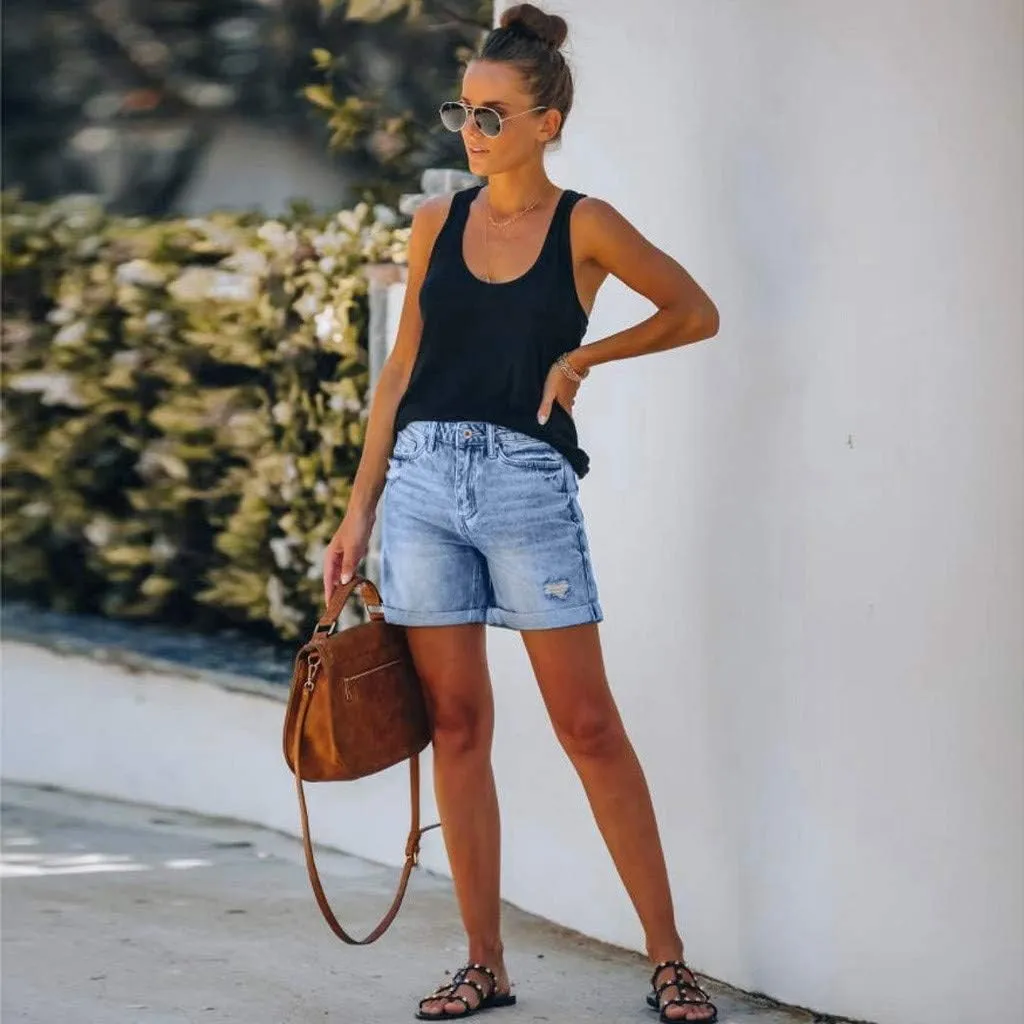 Jean Shorts Womens High Waisted Bermuda Shorts Petite Length Frayed Hem Denim Hot Pants Vacation Beach Shorts 2025