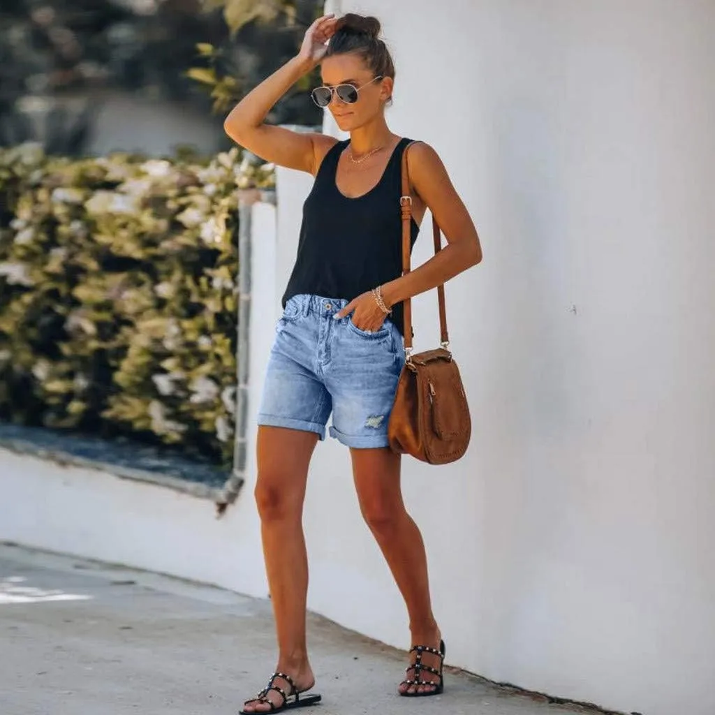 Jean Shorts Womens High Waisted Bermuda Shorts Petite Length Frayed Hem Denim Hot Pants Vacation Beach Shorts 2025