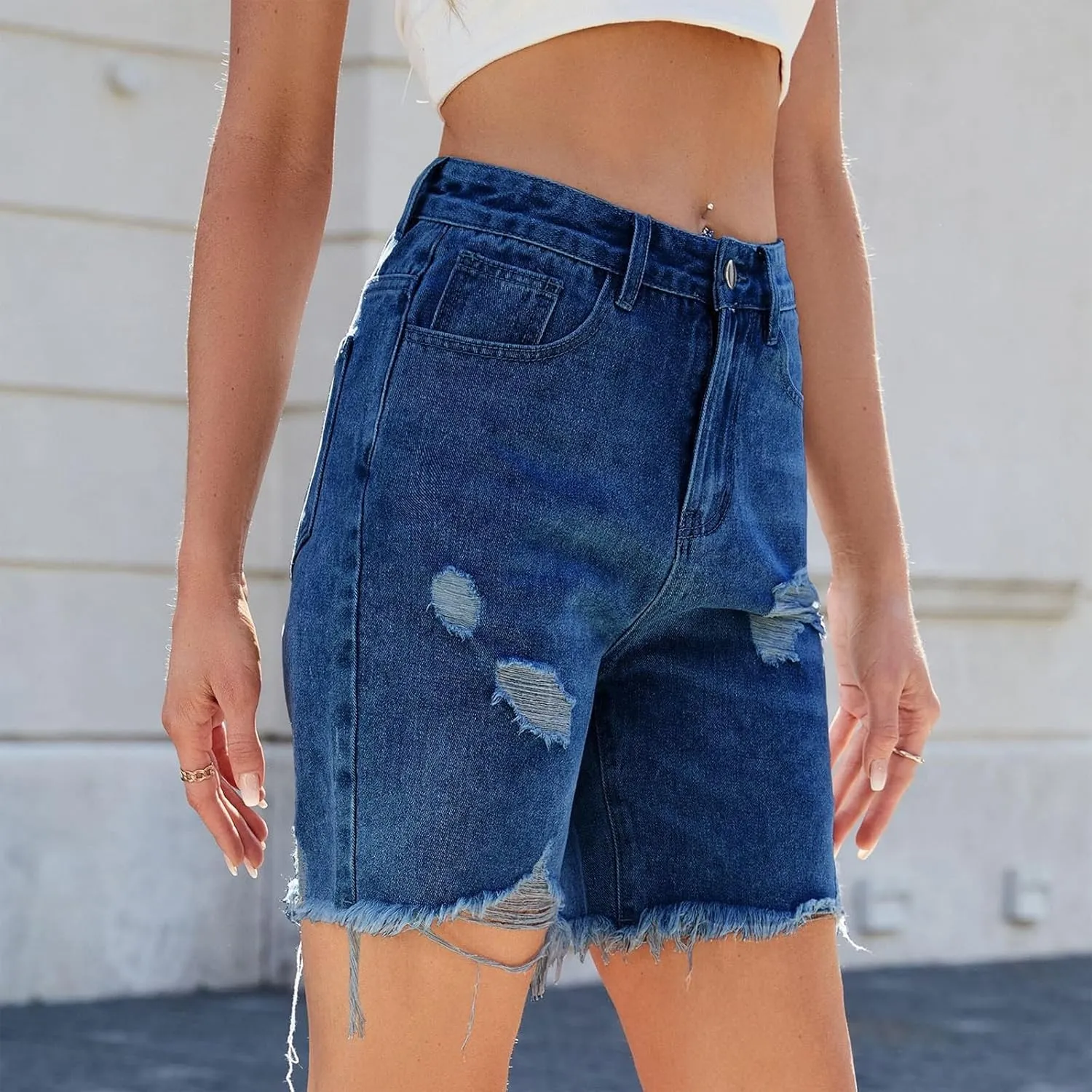 Jean Shorts Womens High-Waisted Cargo Pocket Distressed Frayed Hem Knee-Length Bermuda Collection