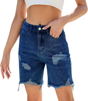 Jean Shorts Womens High-Waisted Cargo Pocket Distressed Frayed Hem Knee-Length Bermuda Collection