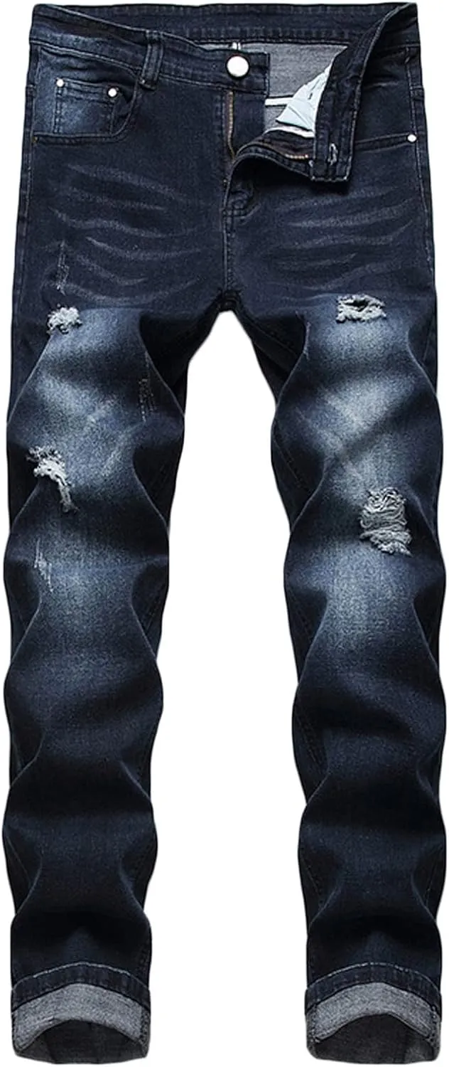 Jeans for Men Stretch Fit Slim Destroyed Distressed Taper Zipper Pants with Holes Distressed Tapered Jeans 2025