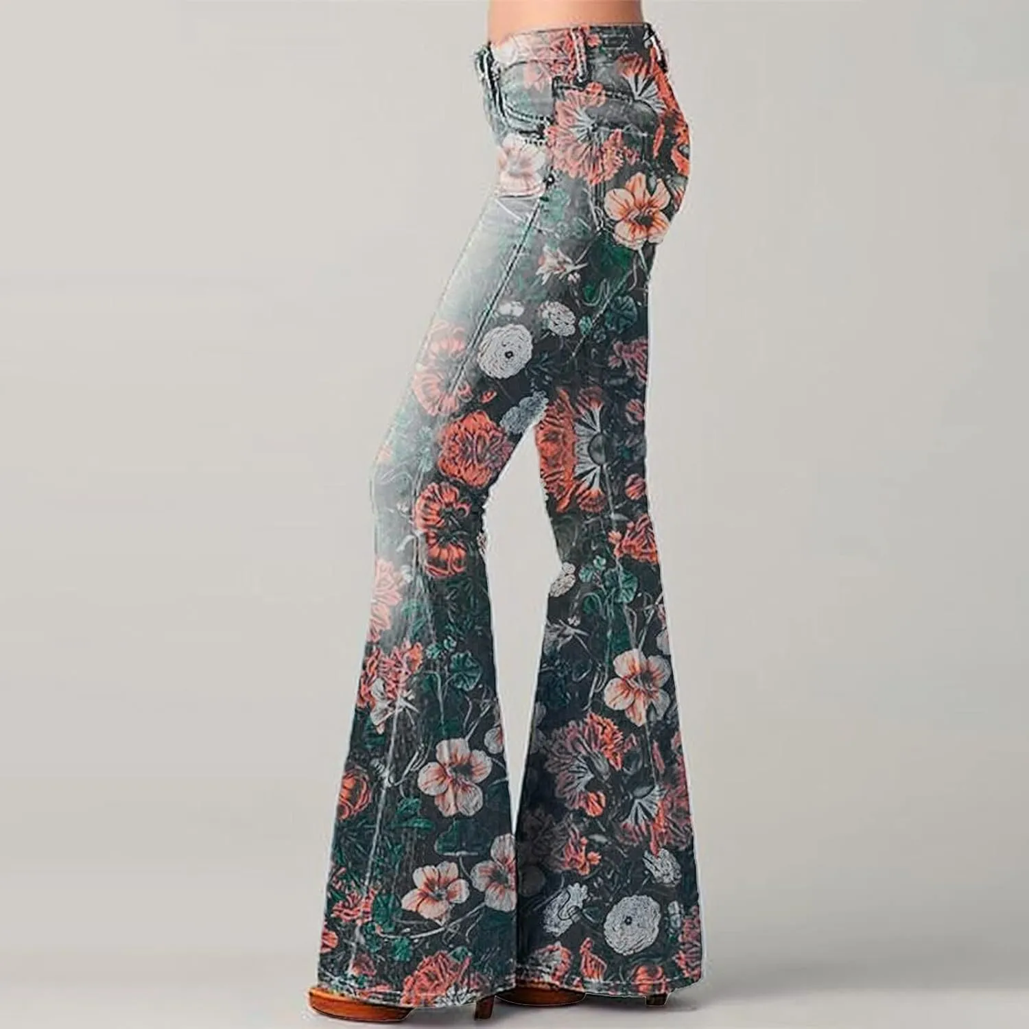 Jeans for Women Trendy Gradient Bell Bottom Jeans Casual High Waisted Lace Flared Jean Skinny Denim Pants