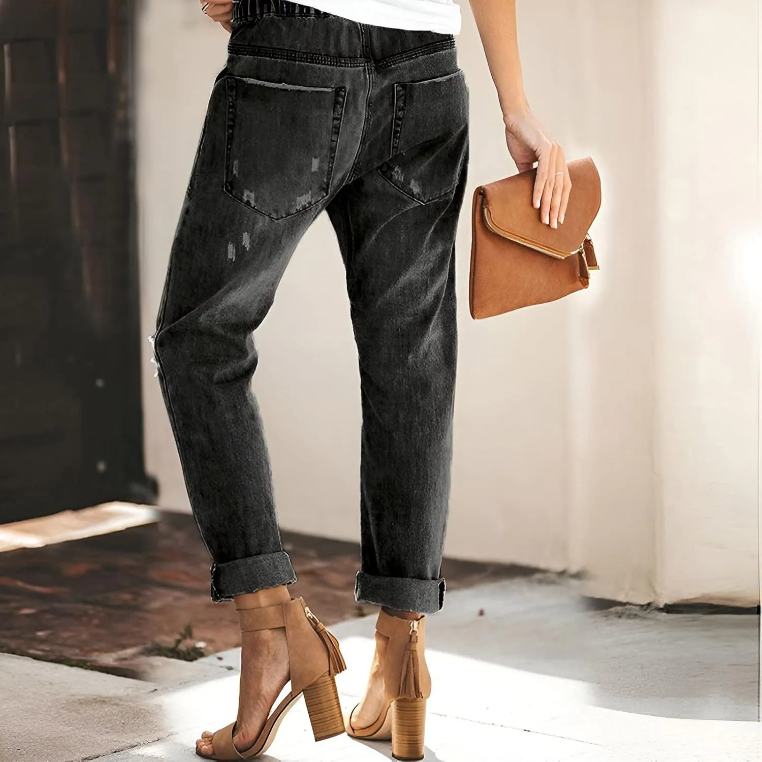 Jeans for Women Trendy Women Stretchy High Waisted Straight Leg Starp Boyfriend Jeans Frayed Jean Leggings with