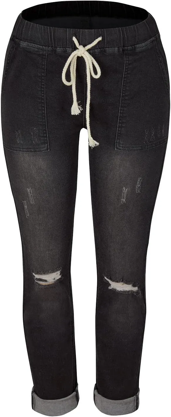 Jeans for Women Trendy Women Stretchy High Waisted Straight Leg Starp Boyfriend Jeans Frayed Jean Leggings with