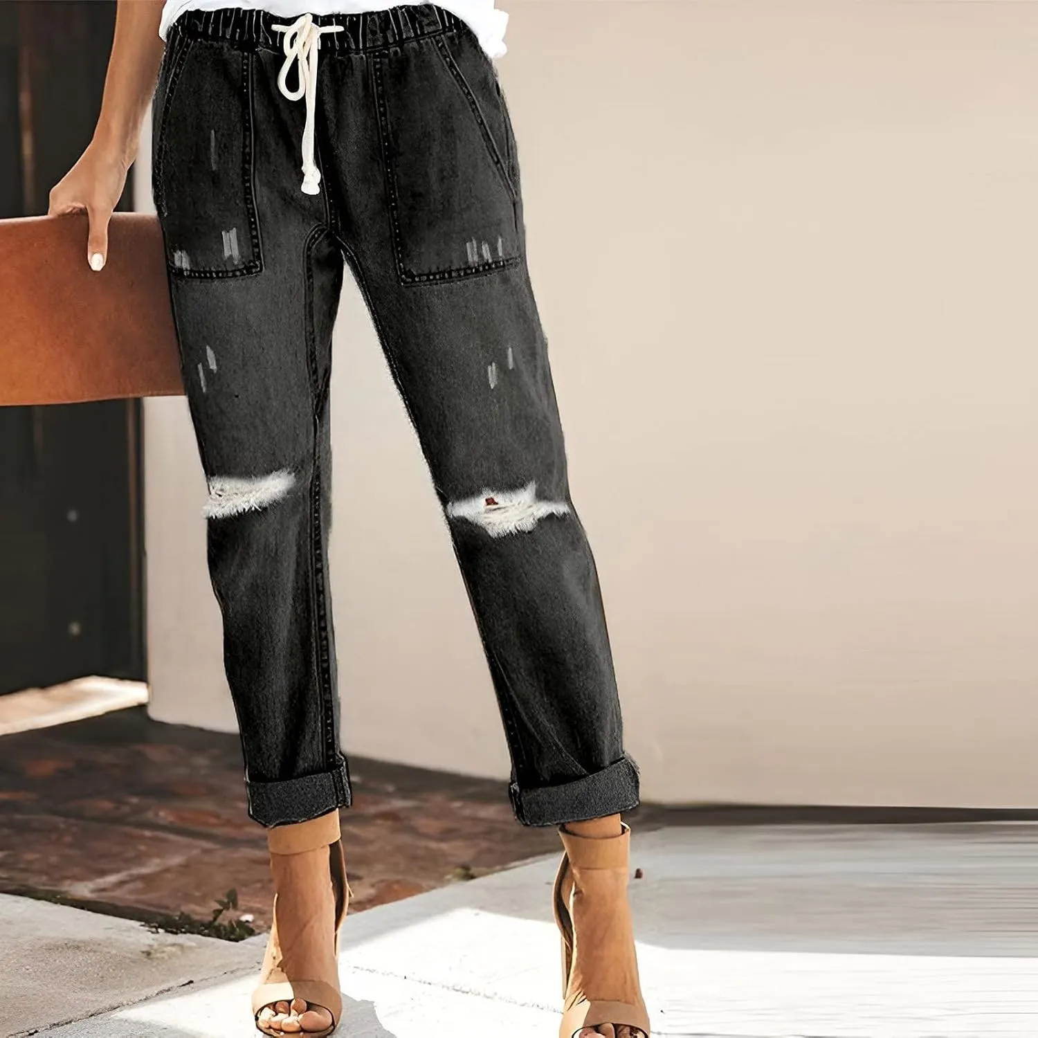 Jeans for Women Trendy Women Stretchy High Waisted Straight Leg Starp Boyfriend Jeans Frayed Jean Leggings with