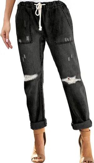 Jeans for Women Trendy Women Stretchy High Waisted Straight Leg Starp Boyfriend Jeans Frayed Jean Leggings with