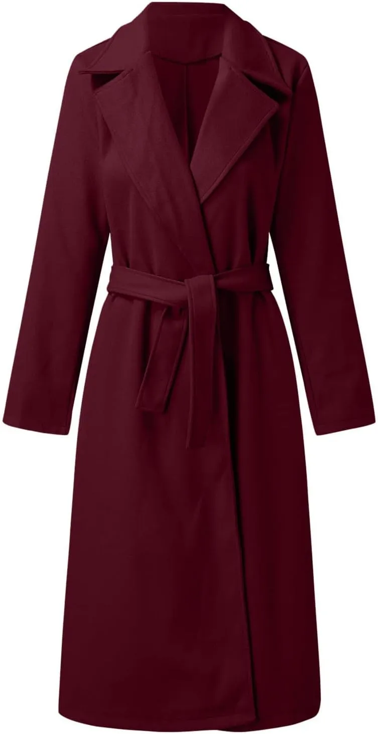 JEGULV Women Elegant Long Trench Coats Lightweight Open Front Solid Color Outwear Jackets Notched Lapel Collar Wool Pea Coats